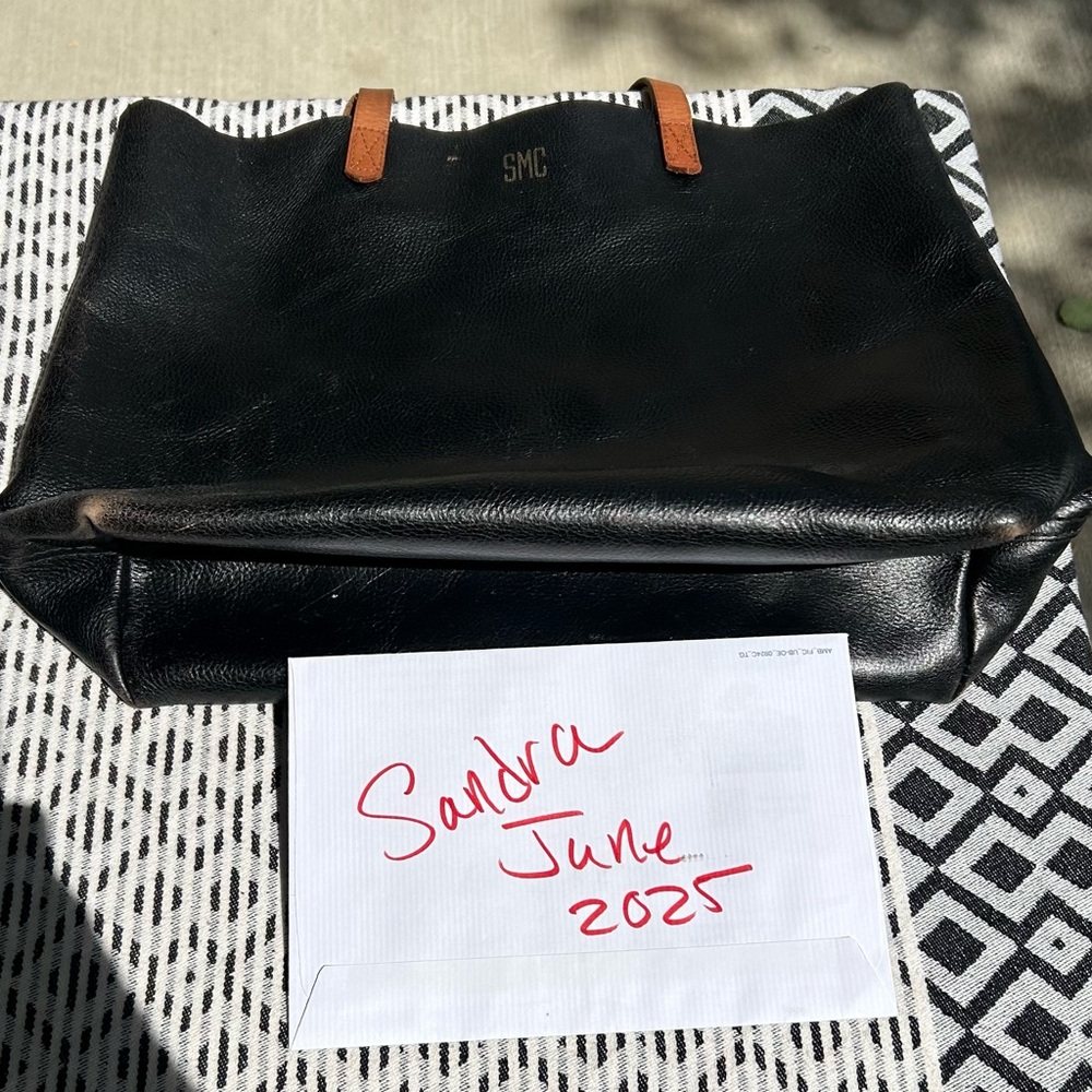 Madewell Black Leather Tote with Tan Handles